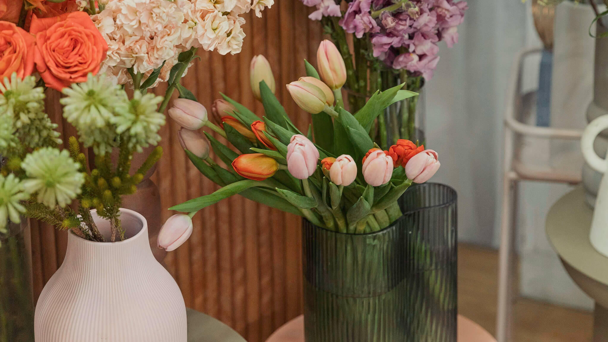 Orange and Pink Tulips in vase at Poppy Rose Flowers Brisbane